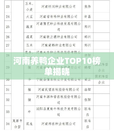 河南养鸭企业TOP10榜单揭晓