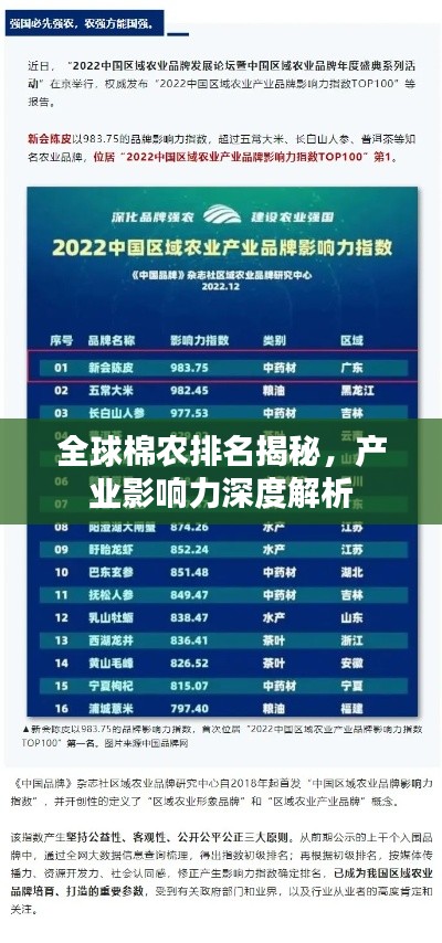 全球棉农排名揭秘，产业影响力深度解析